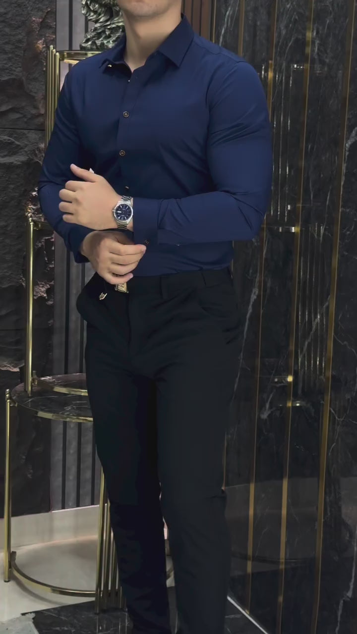 DG Koyu Lacivert Gold Düğmeli Saten Gömlek & Kumaş Pantalon
