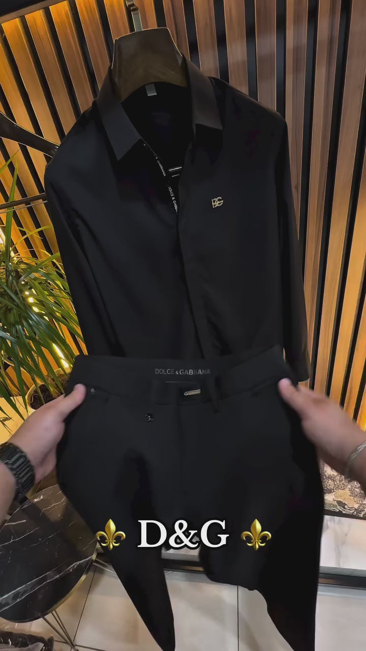 DG Siyah Gizli Düğmeli Saten Gömlek & Kumaş Pantalon