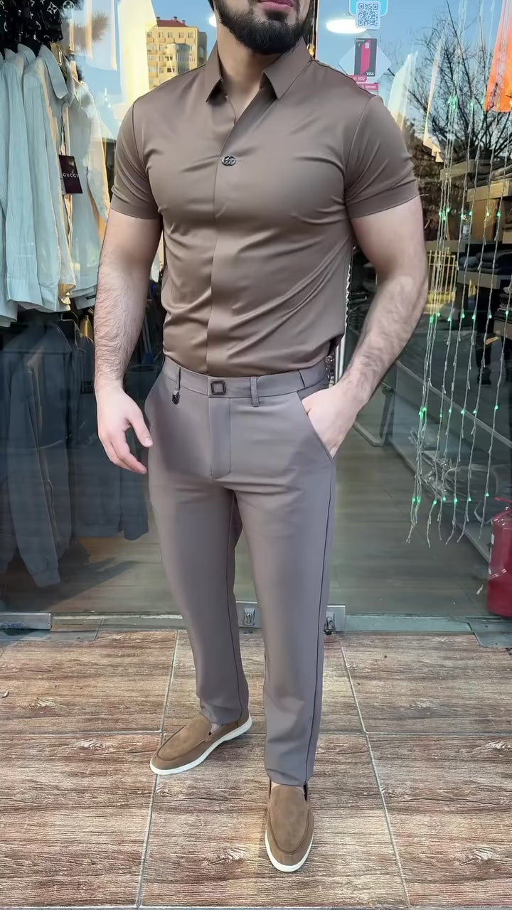 Gucci Kısa Kol Kahverengi Gömlek & Kahve Pantolon Takım