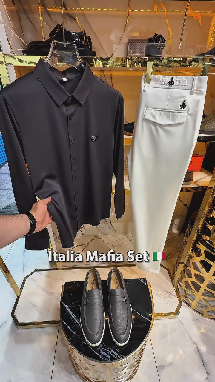 Prada Siyah Düğmeli Saten Gömlek & Prada Beyaz Kumaş Pantalon