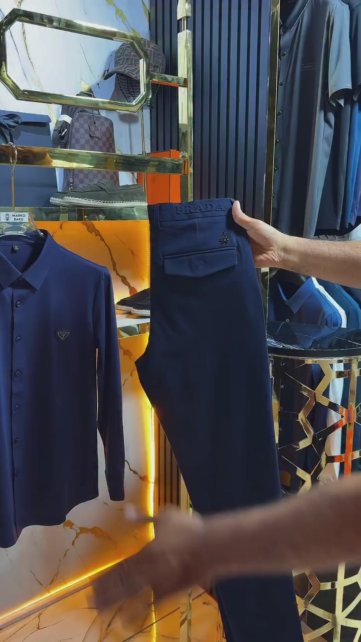 Prada Laciver Düğmeli Saten Gömlek & Prada Lacivert Kumaş Pantalon