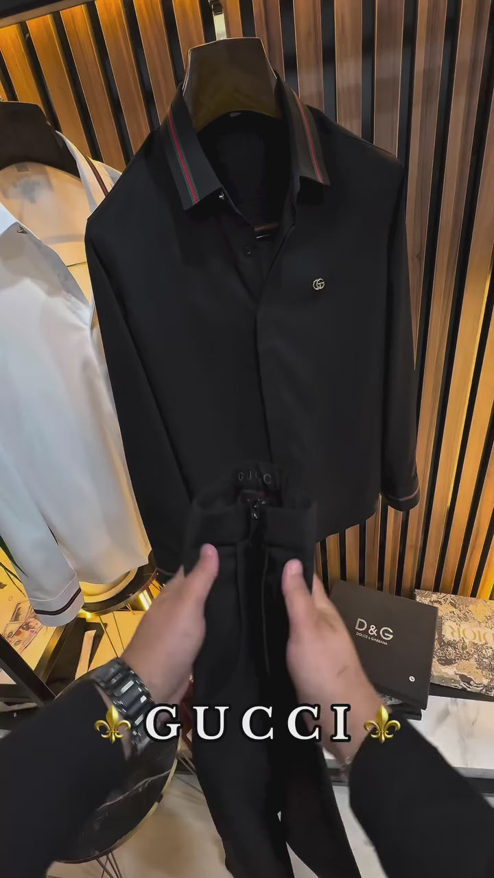 Gucci (Siyah) Gizli Düğmeli Saten Gömlek & Gucci Kumaş Pantalon