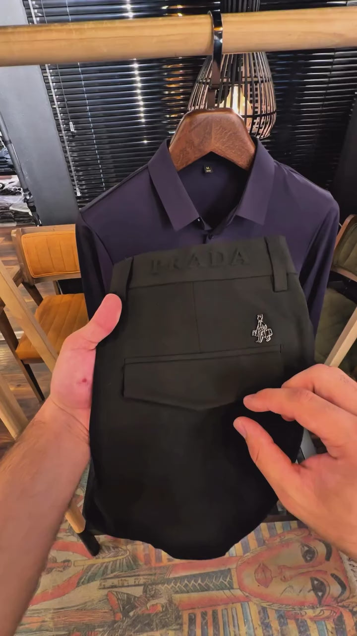 Prada Lacivert Düğmeli Saten Gömlek & Prada Siyah Kumaş Pantalon