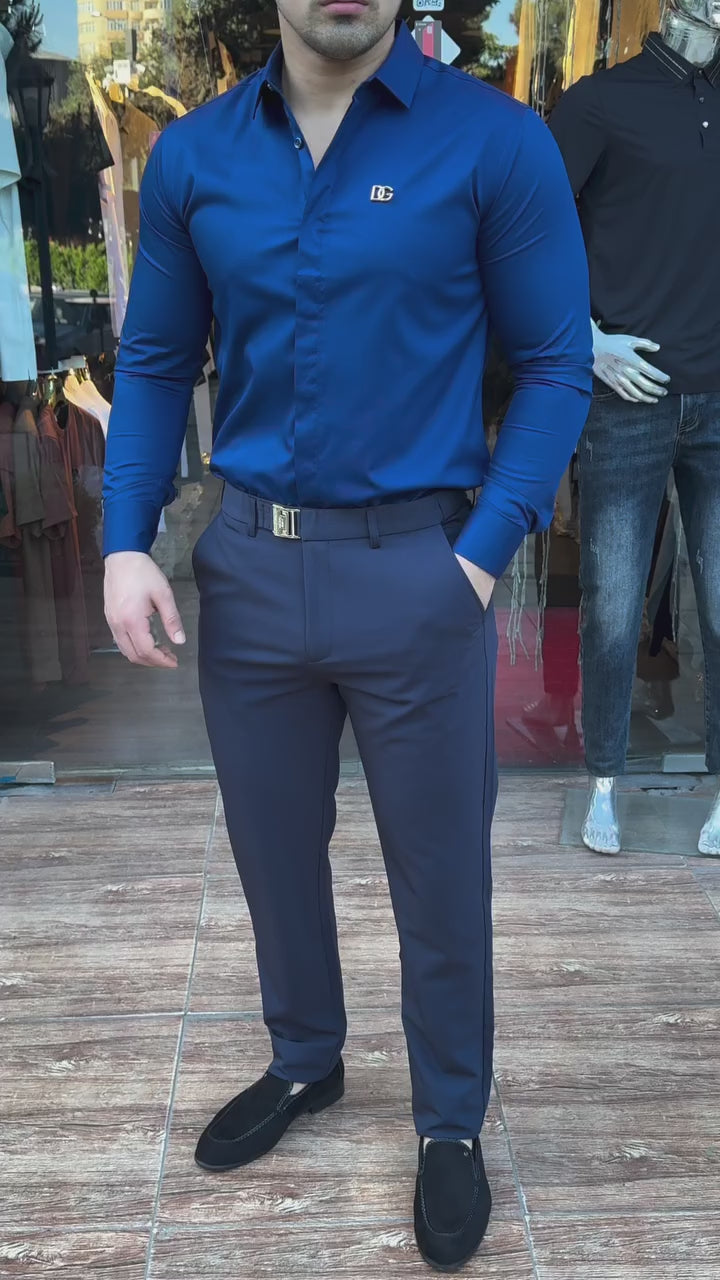 DG Saks Mavisi Gizli Düğmeli Saten Gömlek &Koyu Lacivert Kumaş Pantalon