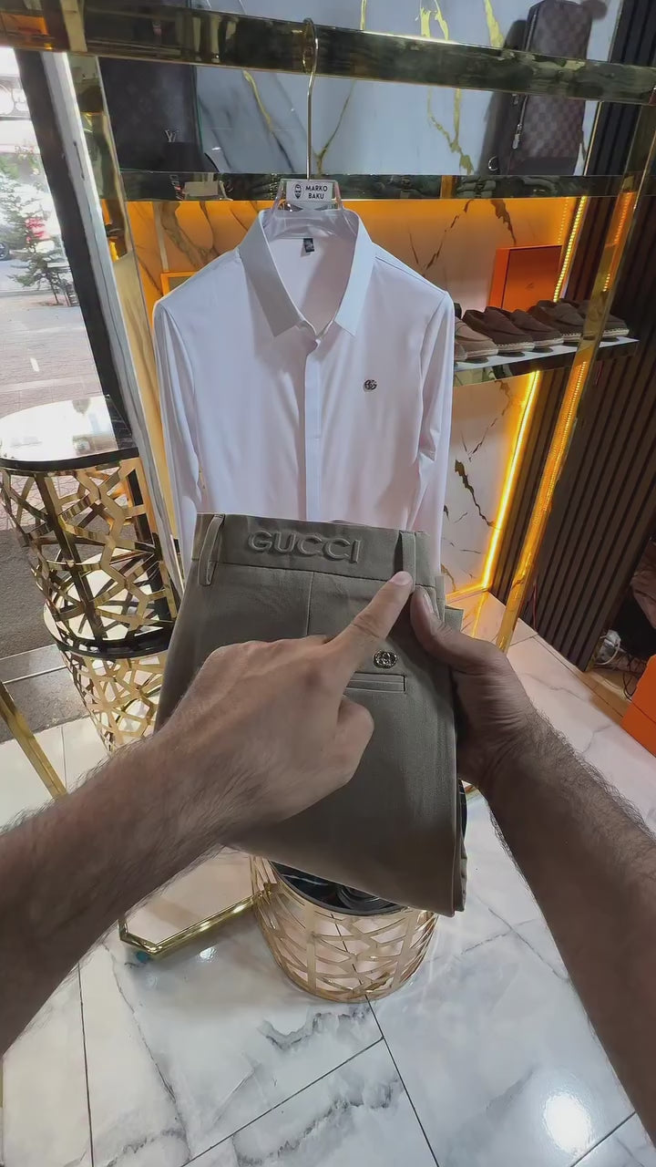 Gucci Beyaz Gizli Düğmeli Saten Gömlek & Krem Kumaş Pantalon
