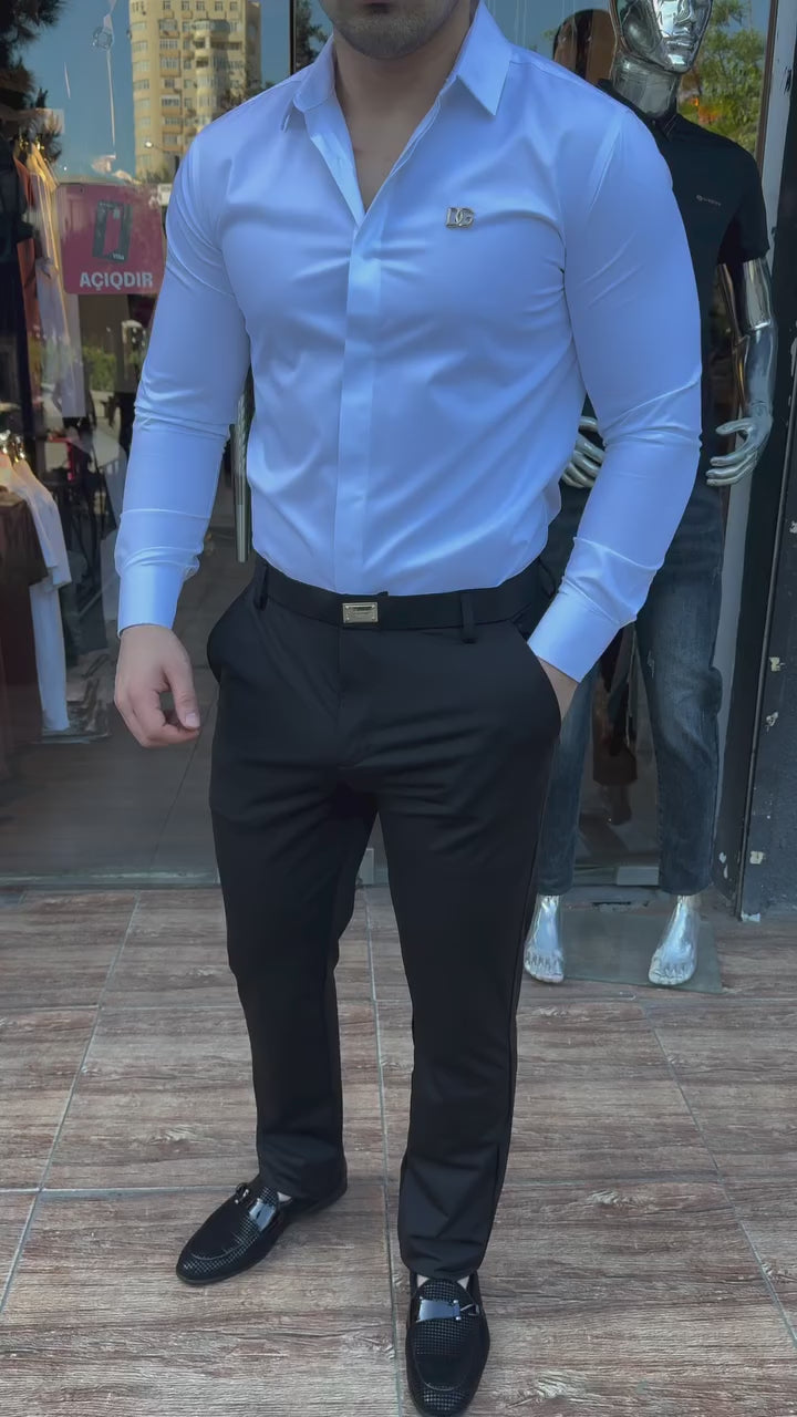 DG Beyaz Gizli Düğmeli Saten Gömlek & Kumaş Pantalon