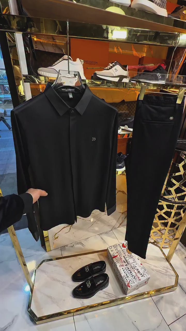 DG Siyah Gizli Düğmeli Saten Gömlek & Kumaş Pantalon
